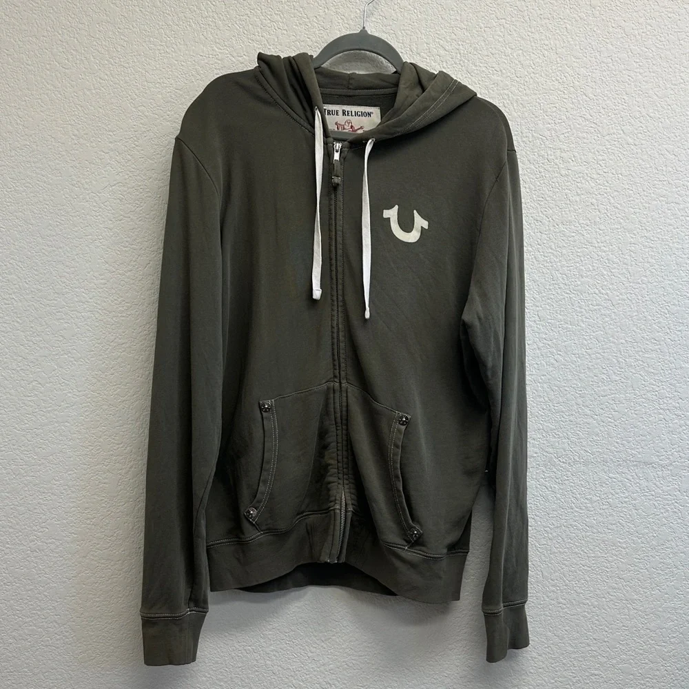 True Religion Buddha Logo Zip Sweatshirt Men khaki green hoodie